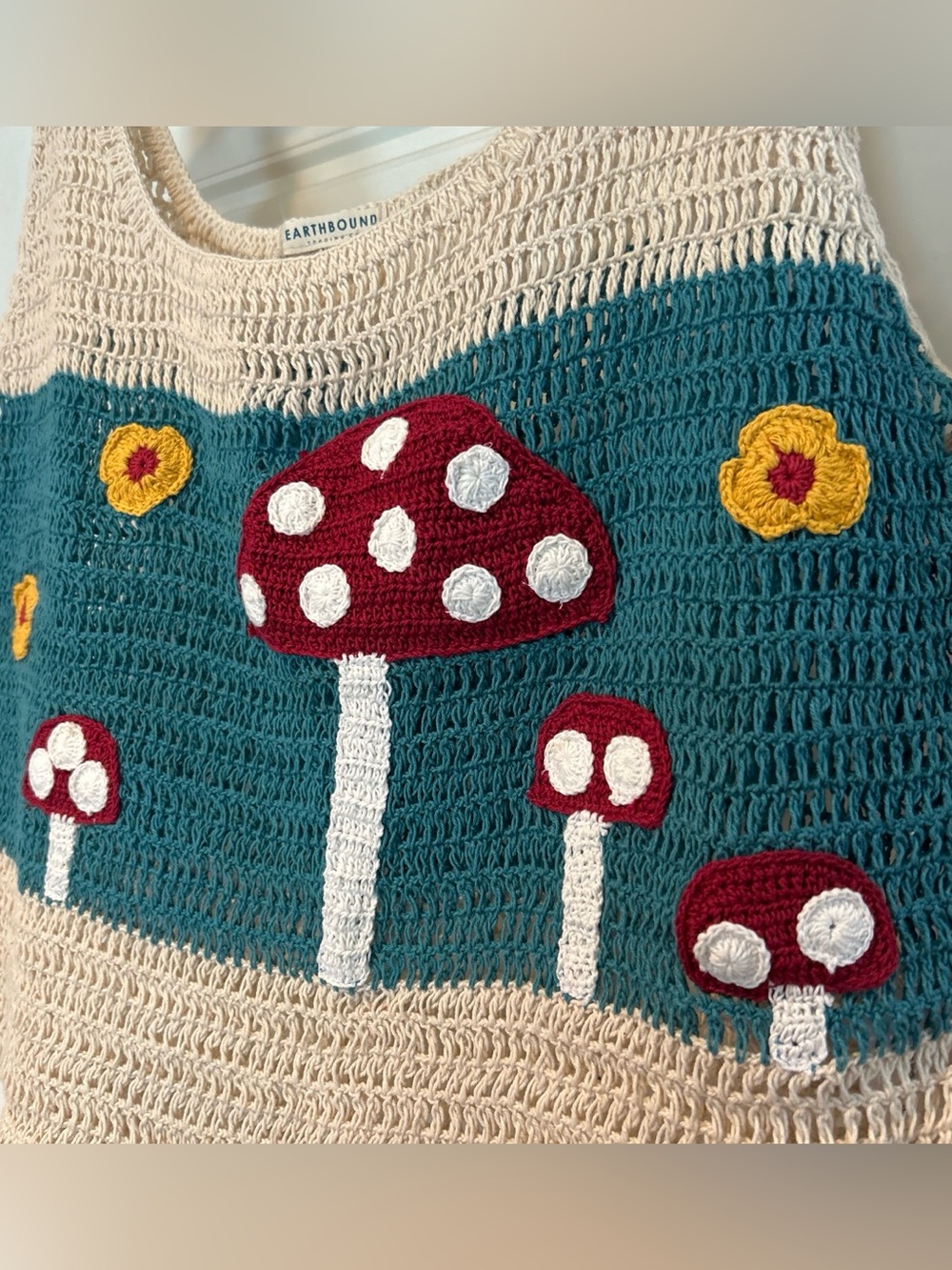 EARTHBOUND Cream Crochet Tank Top with Teal Panel & Red Mushroom Motif - Picture 2 of 7
